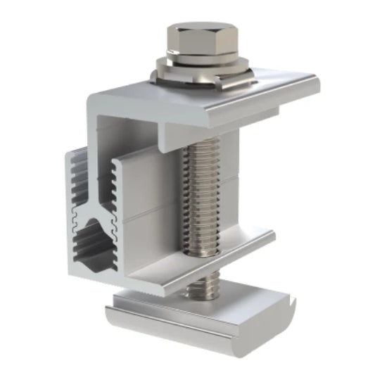 Metal solar panel clamp with a hex bolt on a white background