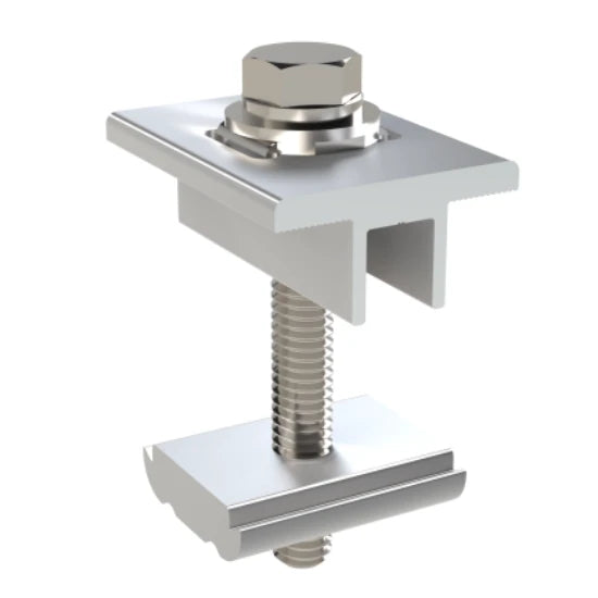 Metal solar panel clamp with a screw on a white background