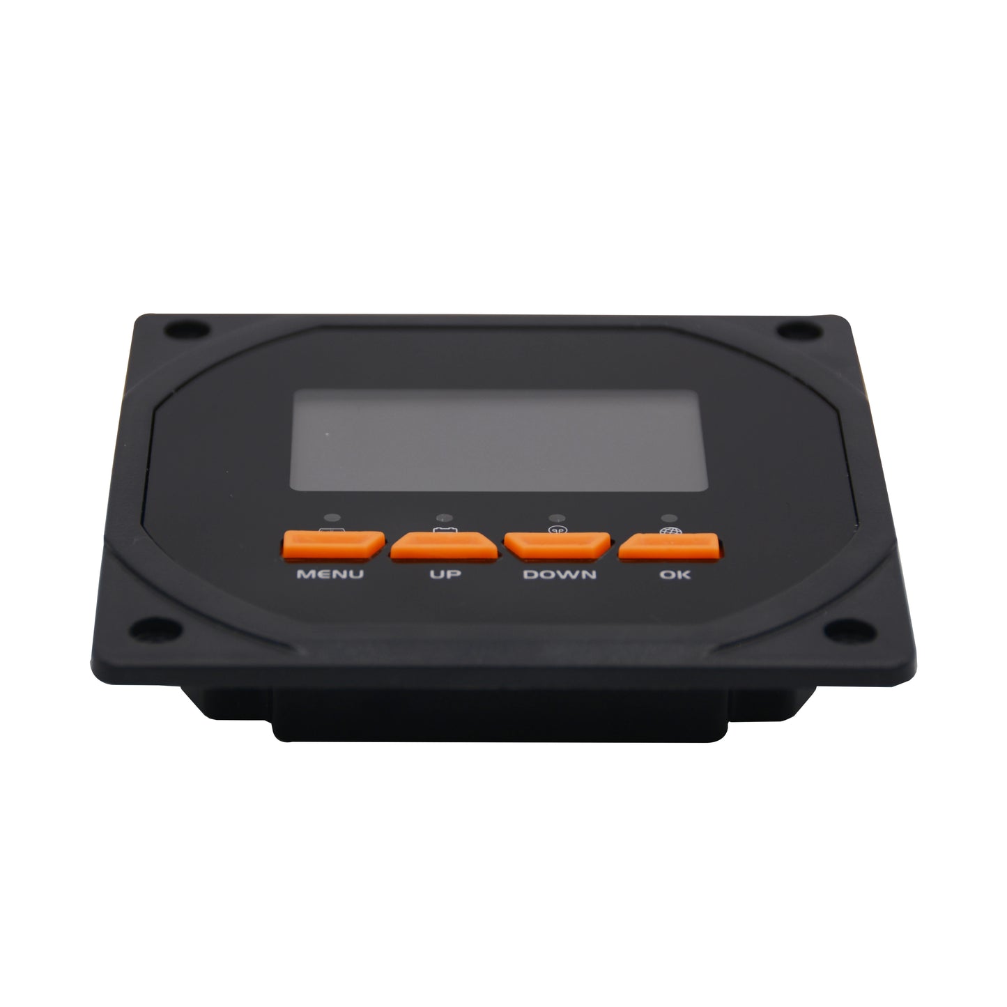 Black electronic panel with buttons and a display on a white background