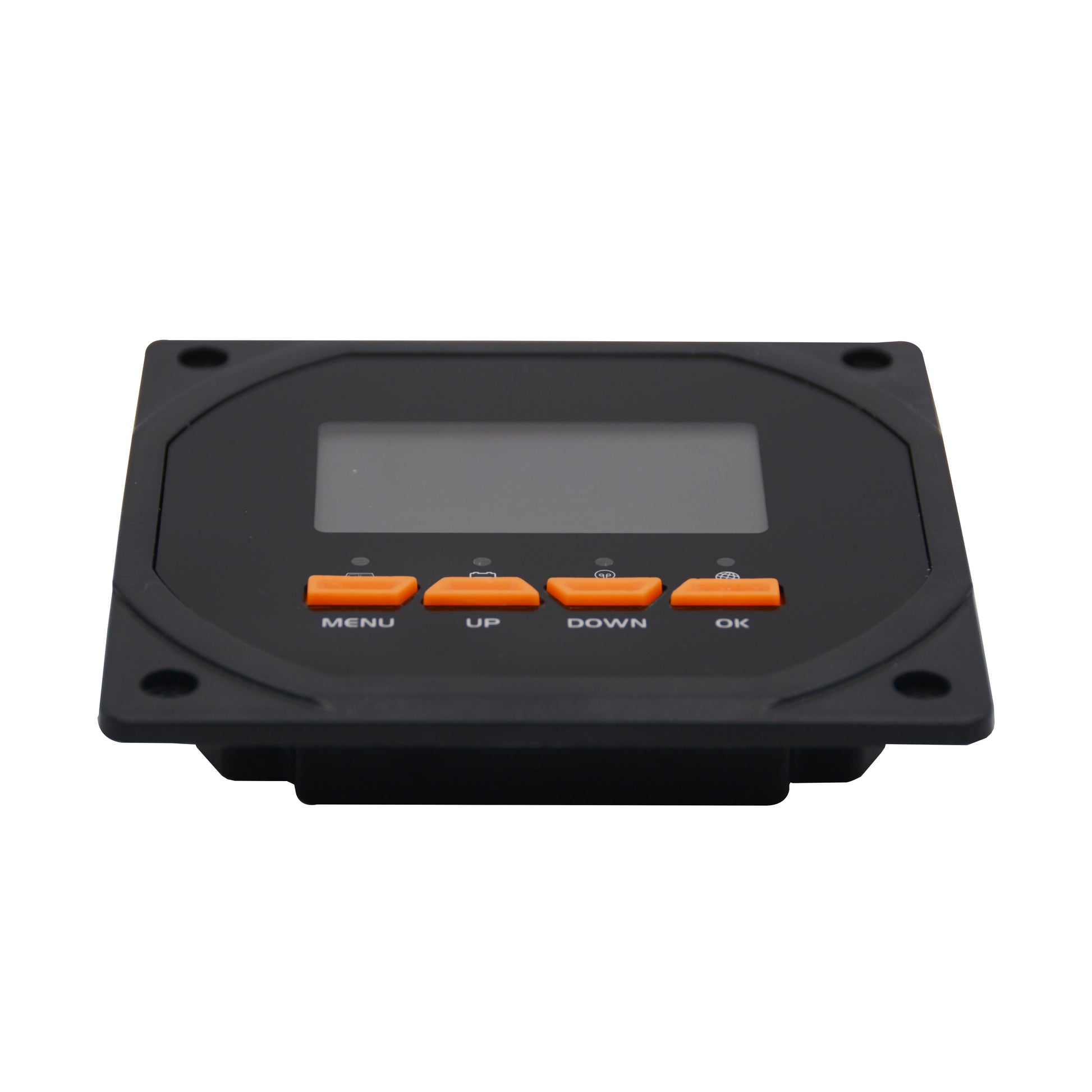 Black electronic panel with buttons and a display on a white background