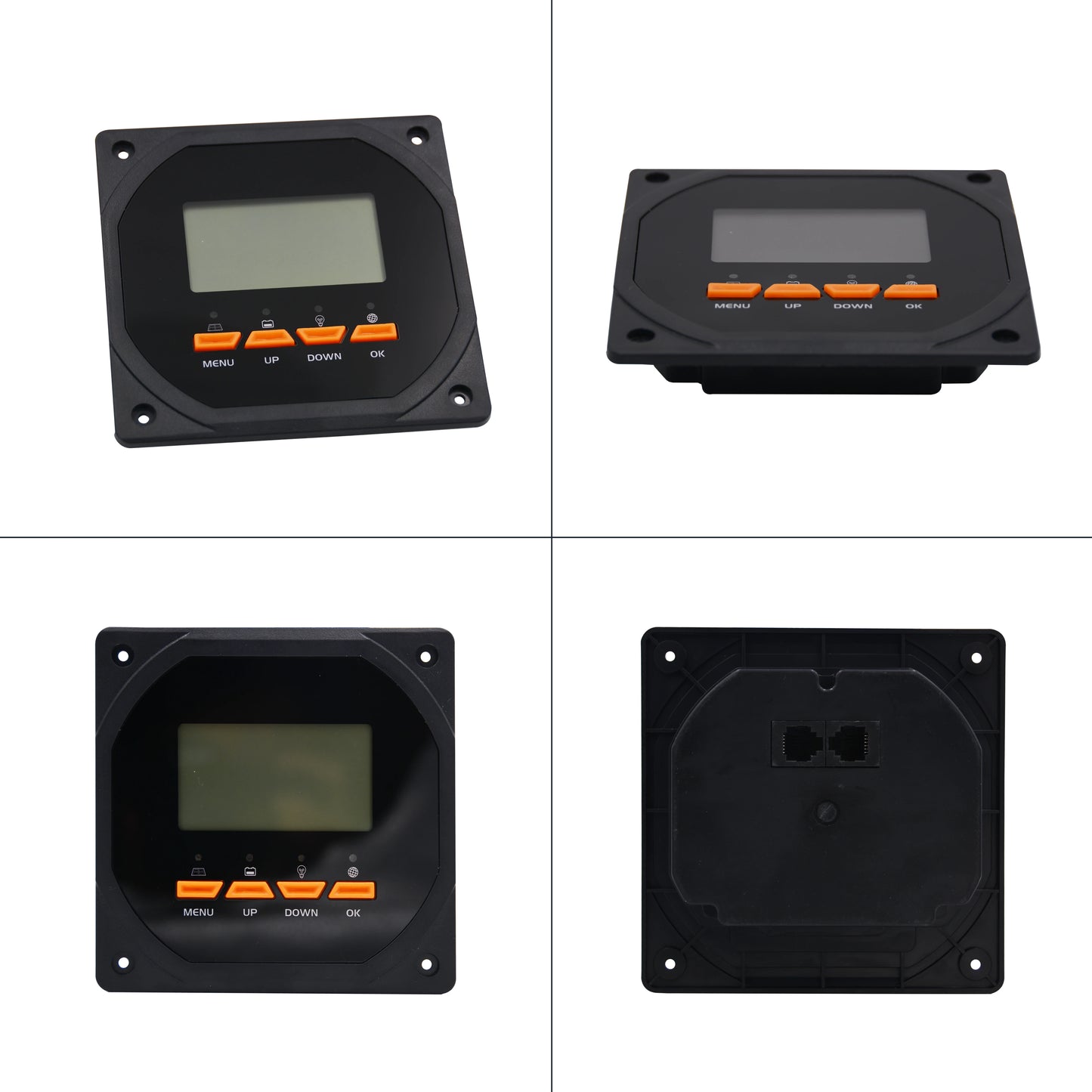 Black electronic panel with digital display and buttons on a white background