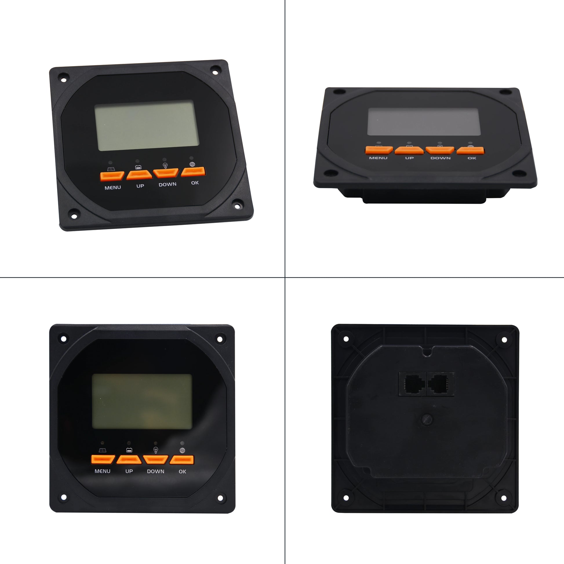 Black electronic panel with digital display and buttons on a white background