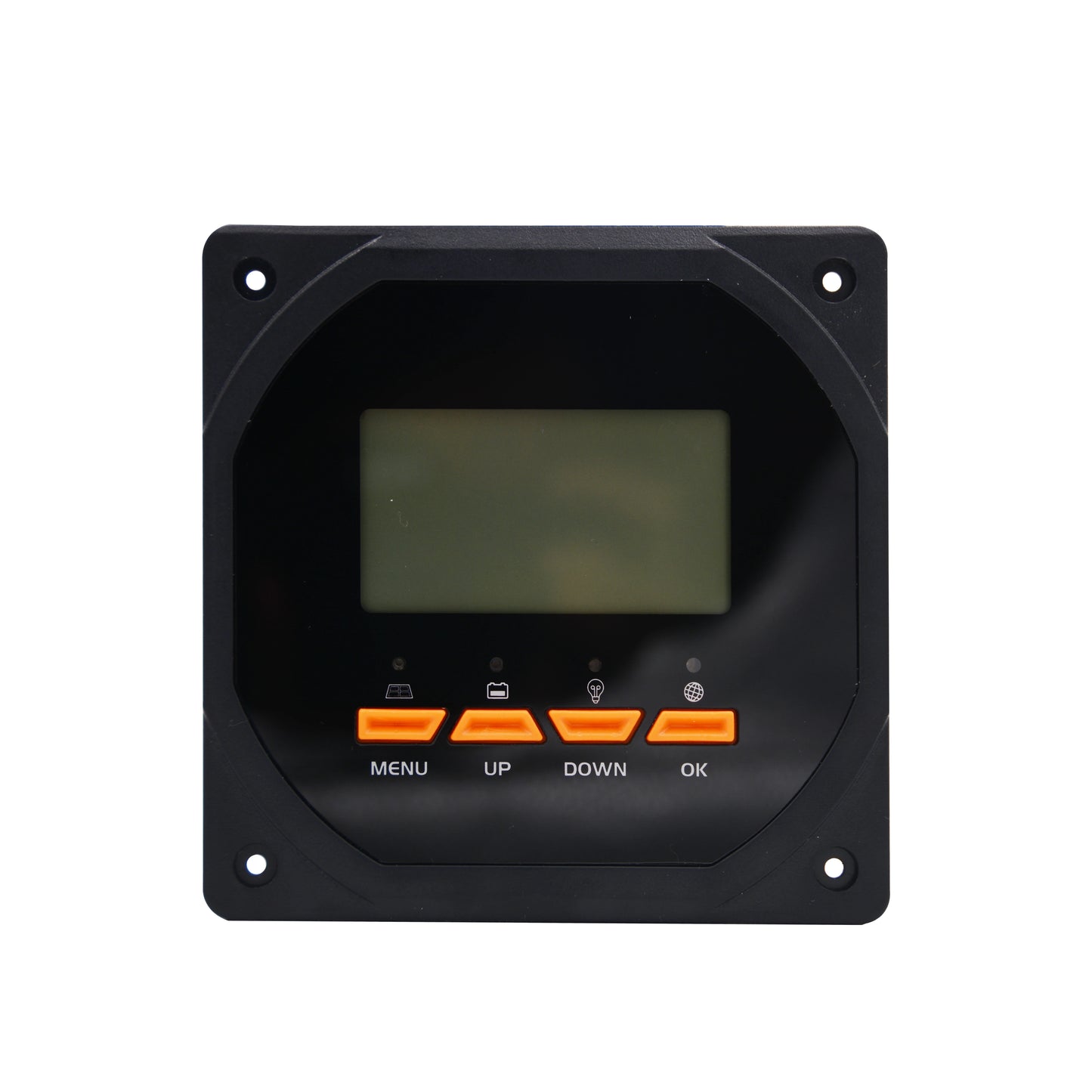 Black electronic panel with digital display and orange buttons on a white background