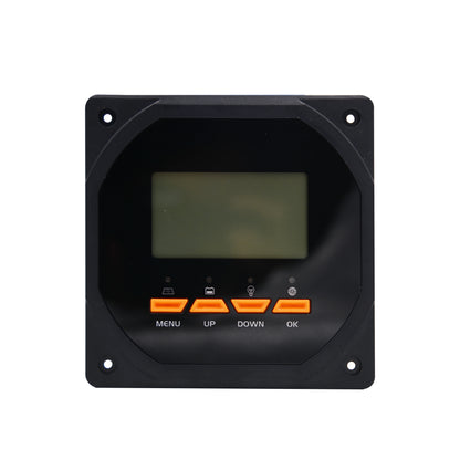 Black electronic panel with digital display and orange buttons on a white background