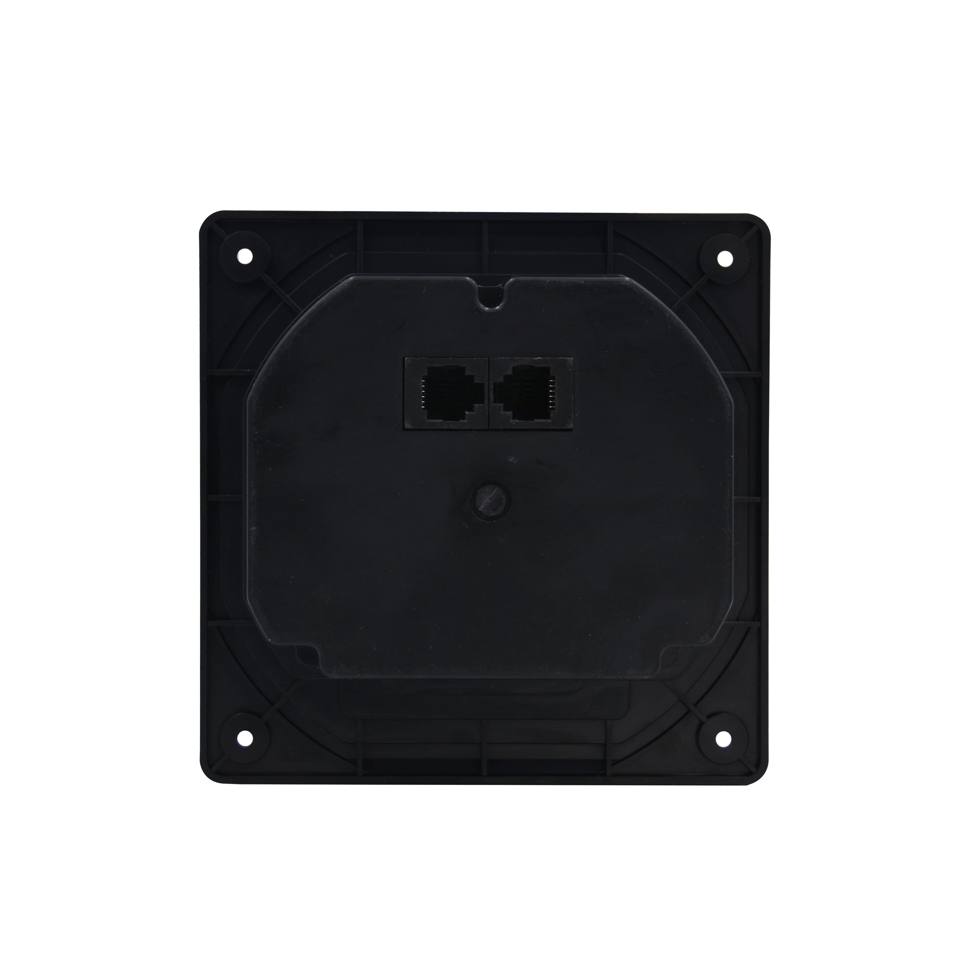 Black square wall plate with two holes on a white background
