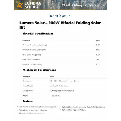 200 Watt Folding Solar Panel Kit (NO MPPT)