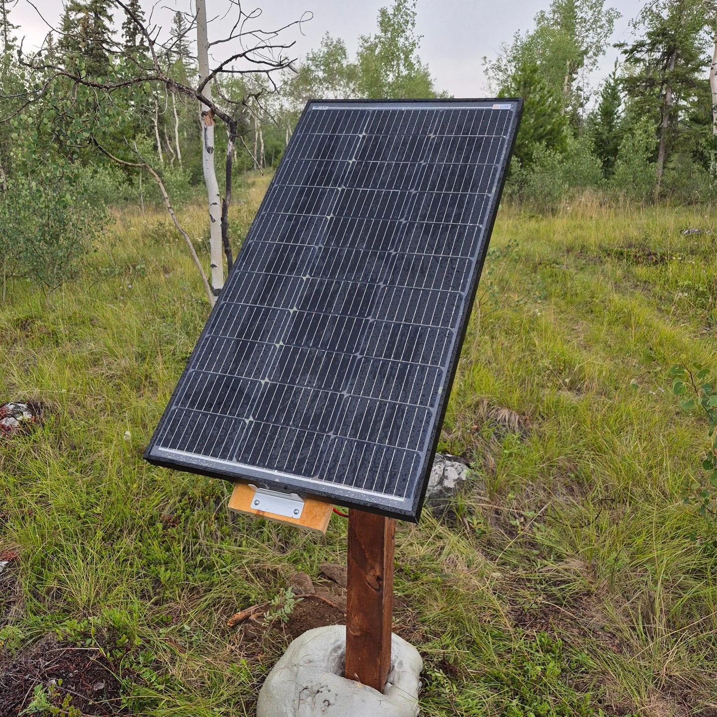 Lumera Solar panel on a stand in a grassy outdoor area with trees in the background