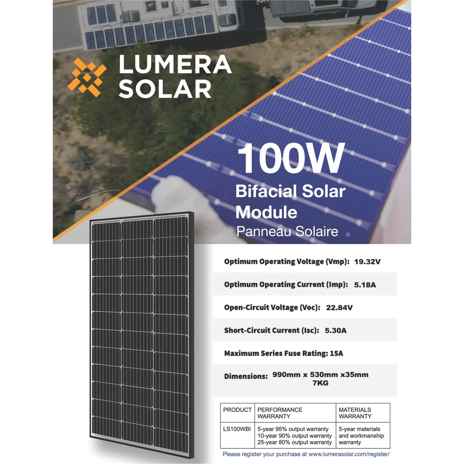 Lumera Solar 100W bifacial solar module with specifications on a white background