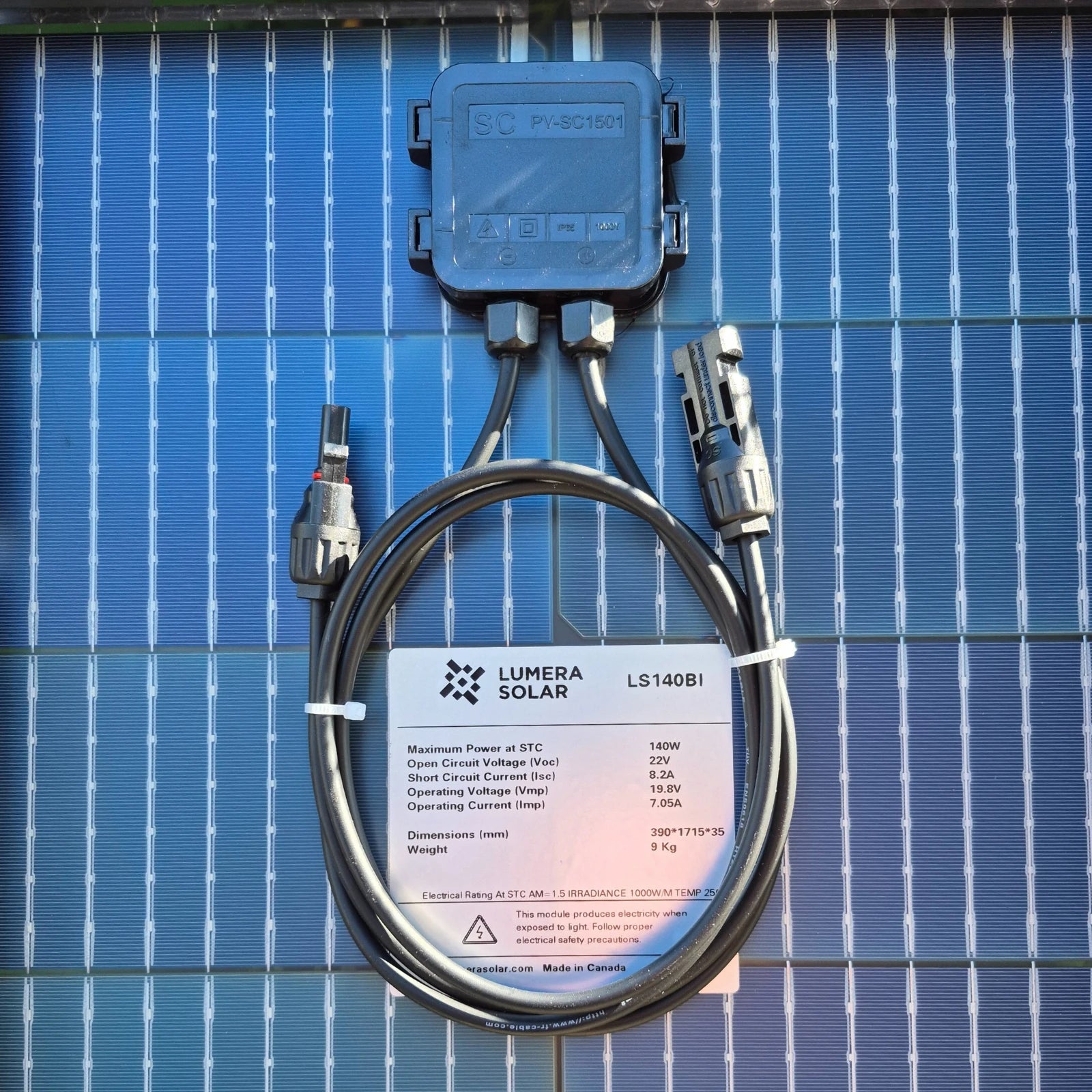 Lumera Solar panel connection kit on a solar panel background with specifications label