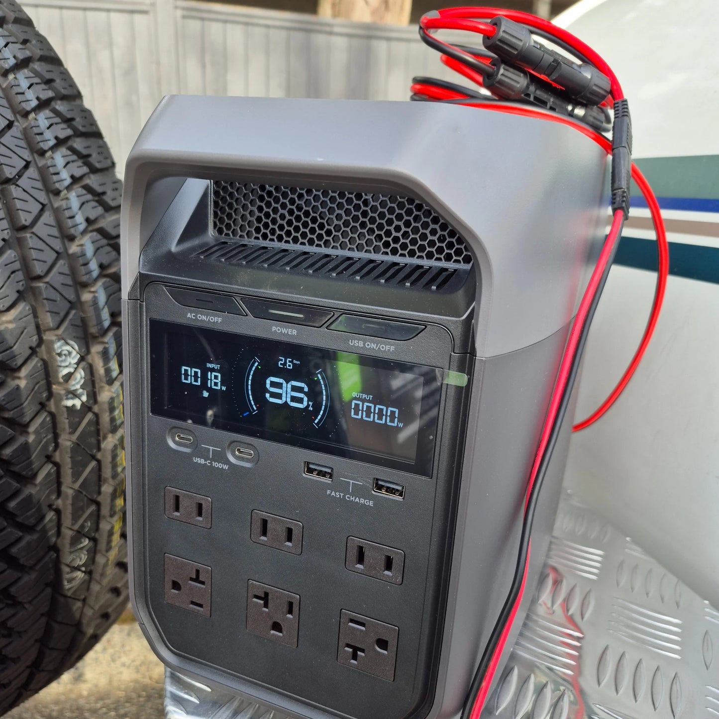 Portable power station with digital display and multiple outlets on a vehicle's step, with a tire and vehicle body in the background.