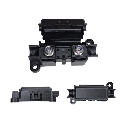 Different views of a black MIDI fuse holder on a white background