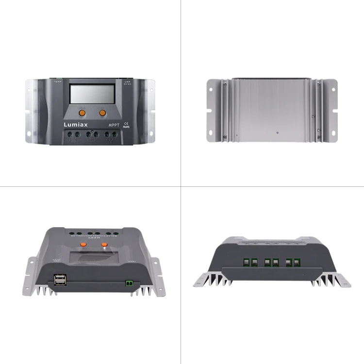 Four views of a solar controller with different angles on a white background