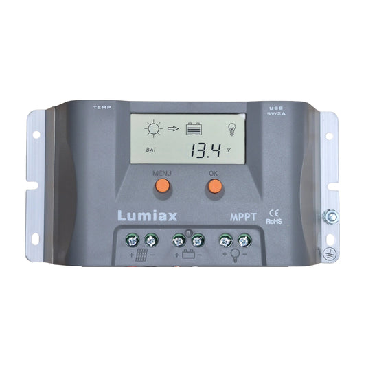 Lumiax solar regulator with digital display on a white background