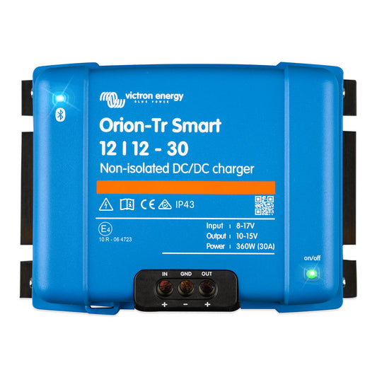 Blue Victron DC-DC Charger 30 Amp on a white background