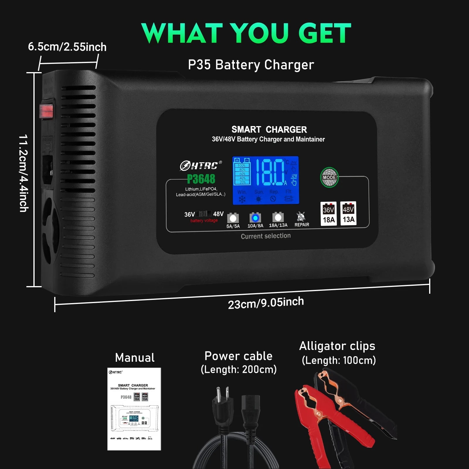 P35 battery charger with dimensions and included accessories on a black background