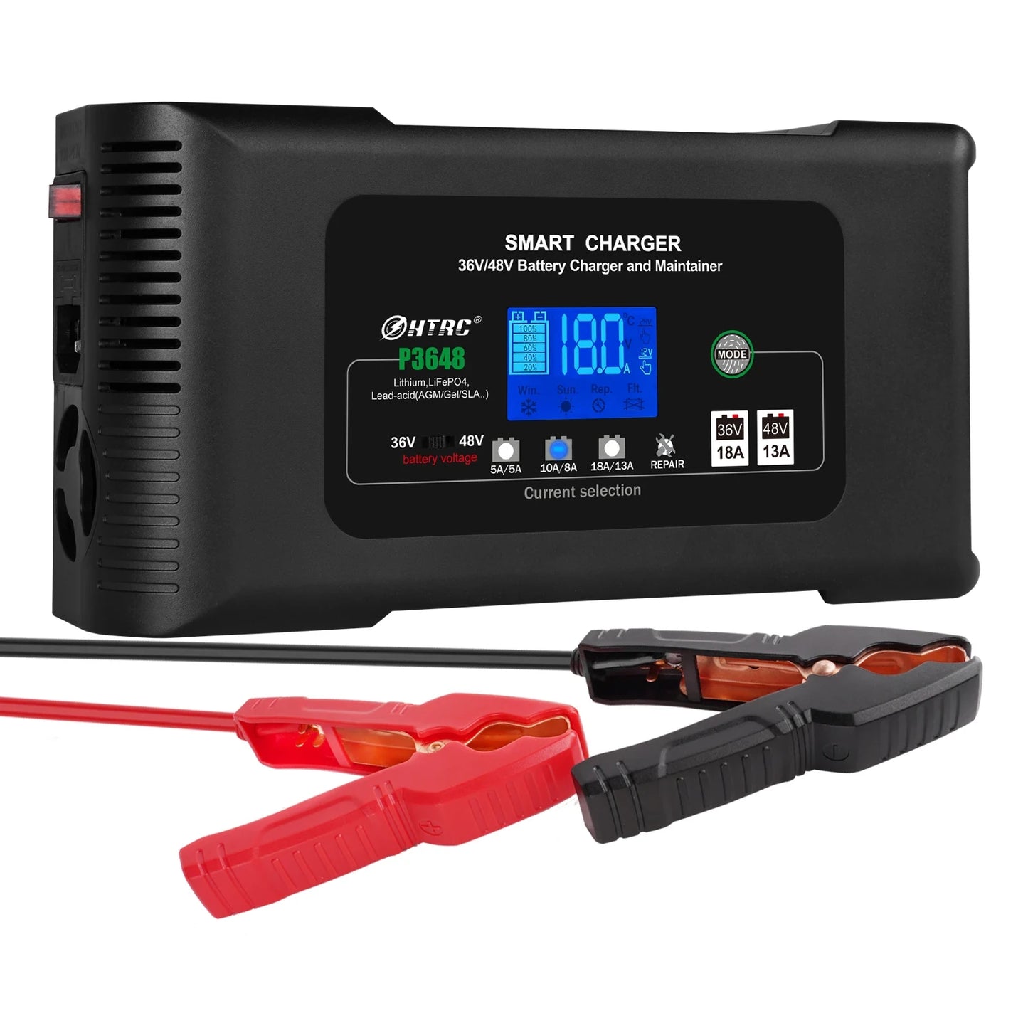 Black smart battery charger with digital display and clamps on a white background