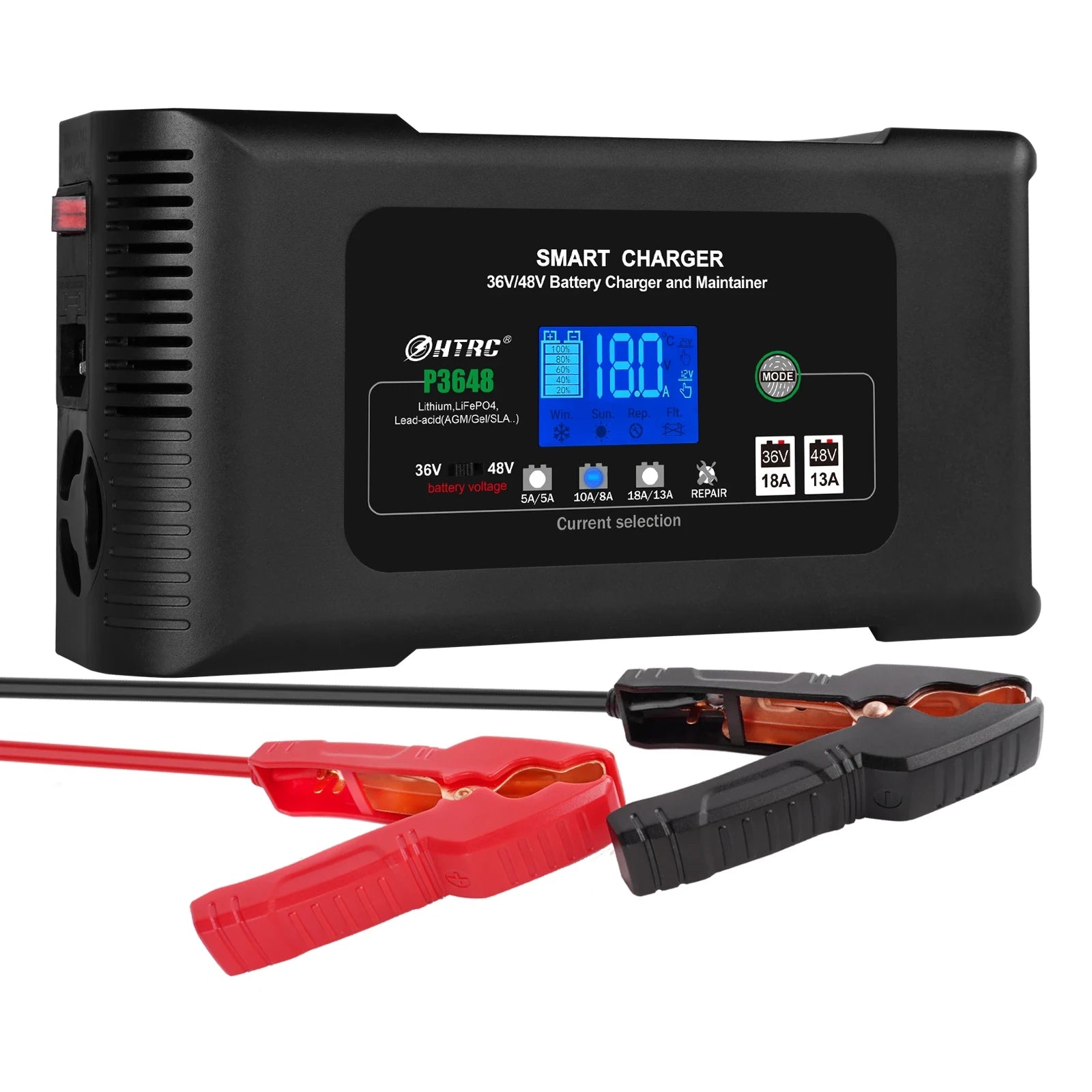 Black smart battery charger with digital display and clamps on a white background
