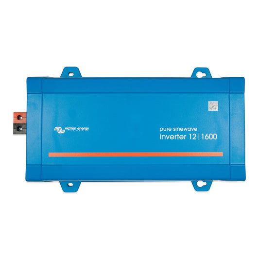 Blue Victron 1600VA inverter on a white background. Top view.