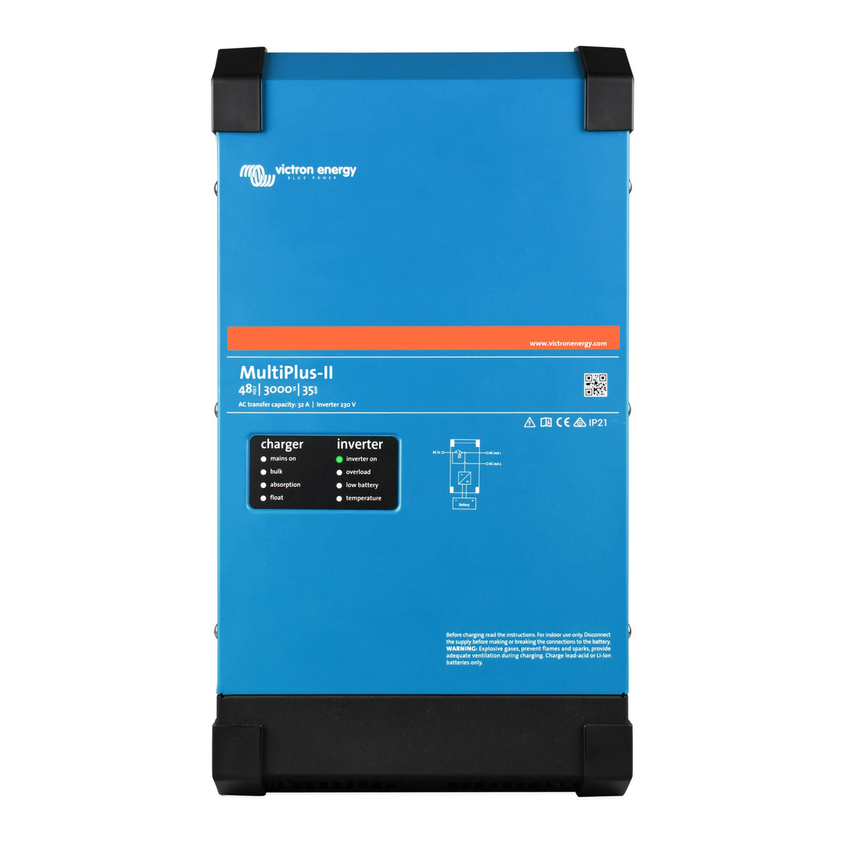 Victon Energy MultiPlus-II 41I 3000-35 charger and inverter combo unit in blue with black corners and a small black status panel on the front.