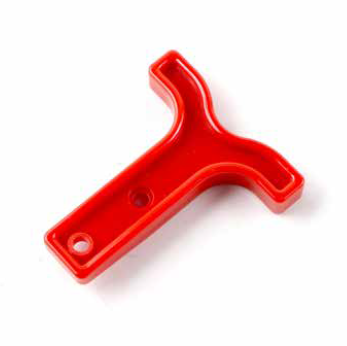 Red plastic Y-shaped pull handle on a white background