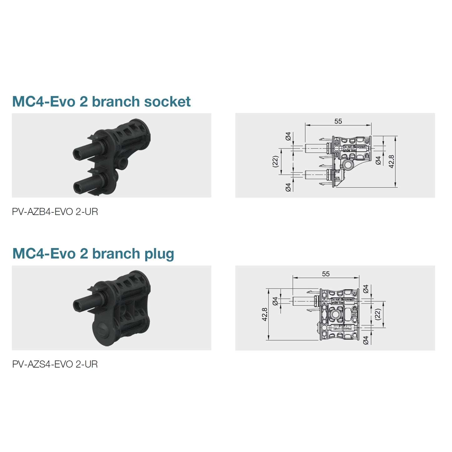 Stäubli MC4-Evo 2 Branch Connector dimensions for PV-AZS4-EVO 2-UR and PV-AZB4-EVO 2-UR for 1500V solar PV systems