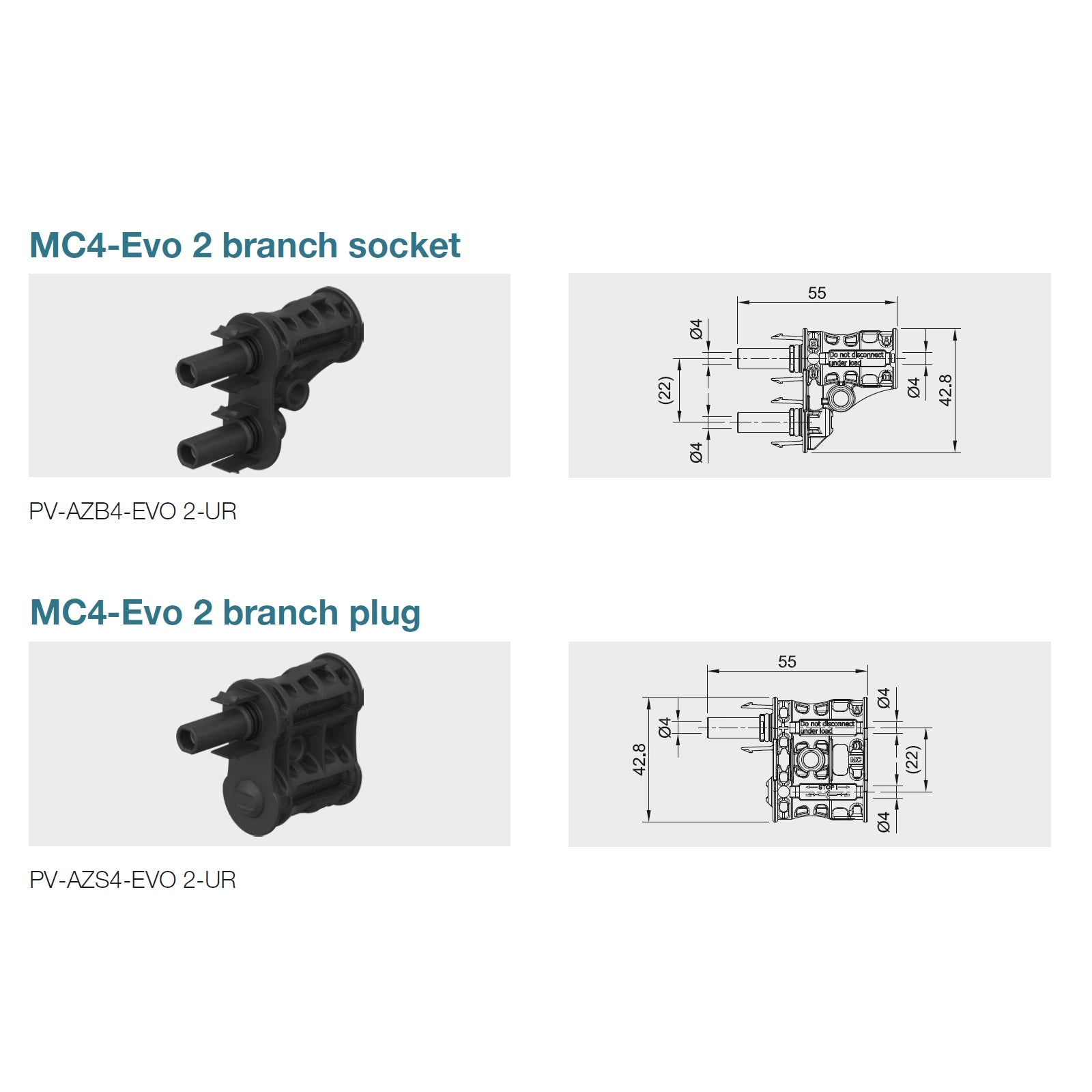 Stäubli MC4-Evo 2 Branch Connector dimensions for PV-AZS4-EVO 2-UR and PV-AZB4-EVO 2-UR for 1500V solar PV systems