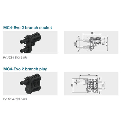 Stäubli MC4-Evo 2 Branch Connector dimensions for PV-AZS4-EVO 2-UR and PV-AZB4-EVO 2-UR for 1500V solar PV systems