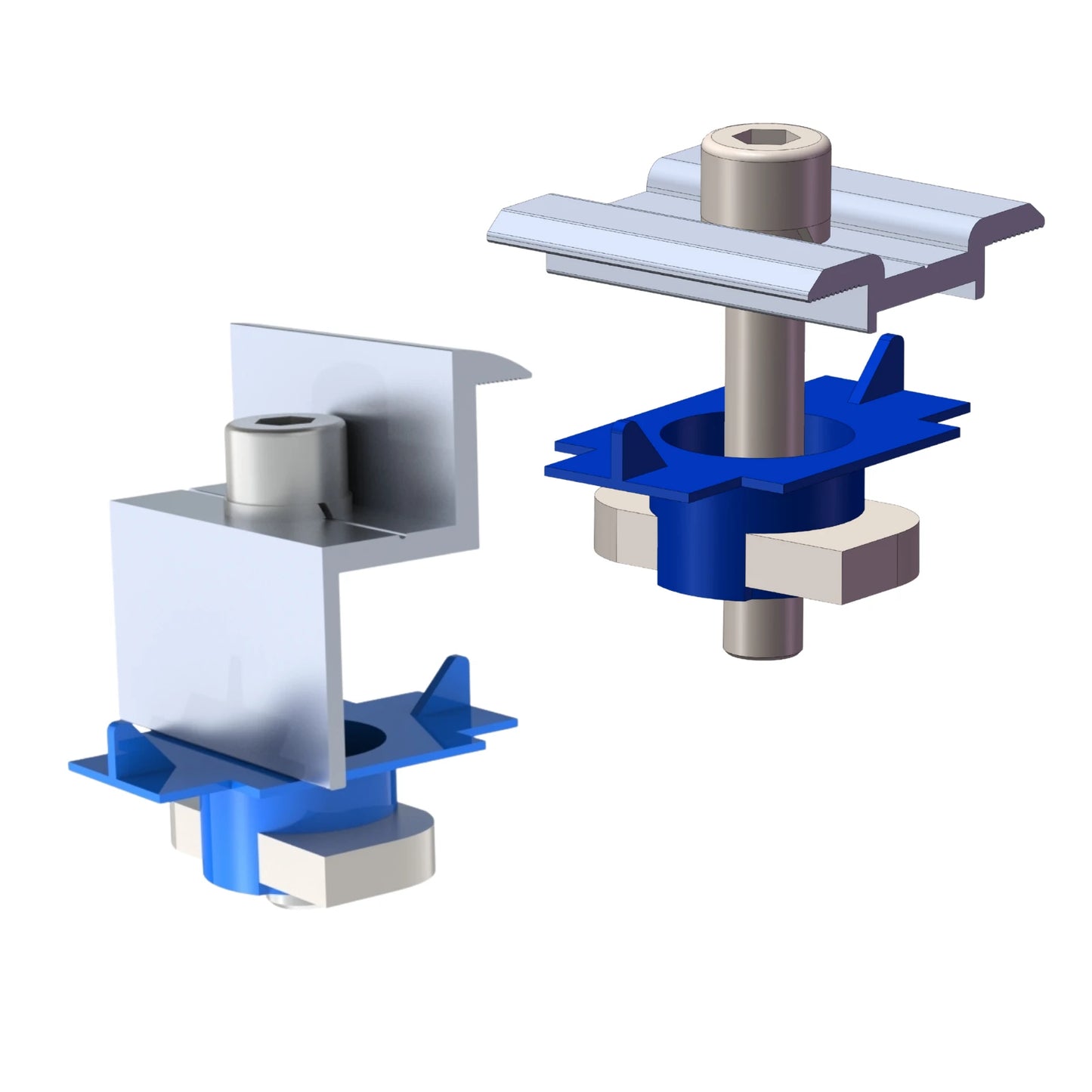 Two metal solar panel clamps with blue and white components on a white background