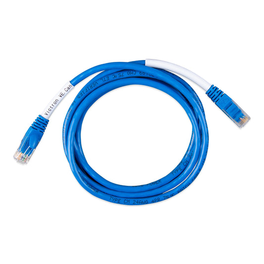 A coiled blue Victron CAN bus cable with a white connector sleeve on one end and a blue RJ45 connector on the other, shown on a plain white background.