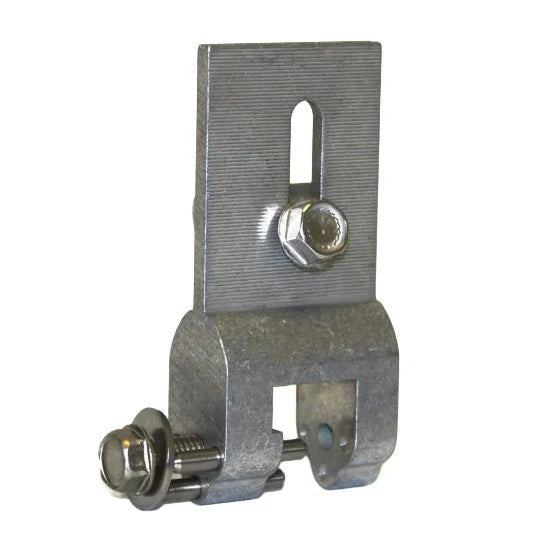 Metal bracket with two screws on a white background