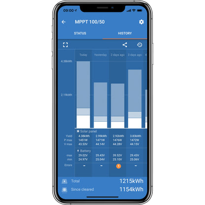 Smartphone displaying a victron solar panel monitoring app with blue interface