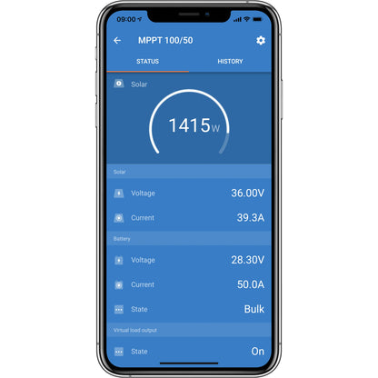 A smartphone displaying a blue solar power app interface with metrics such as 1415W, voltage, current, and battery state on a white background.
